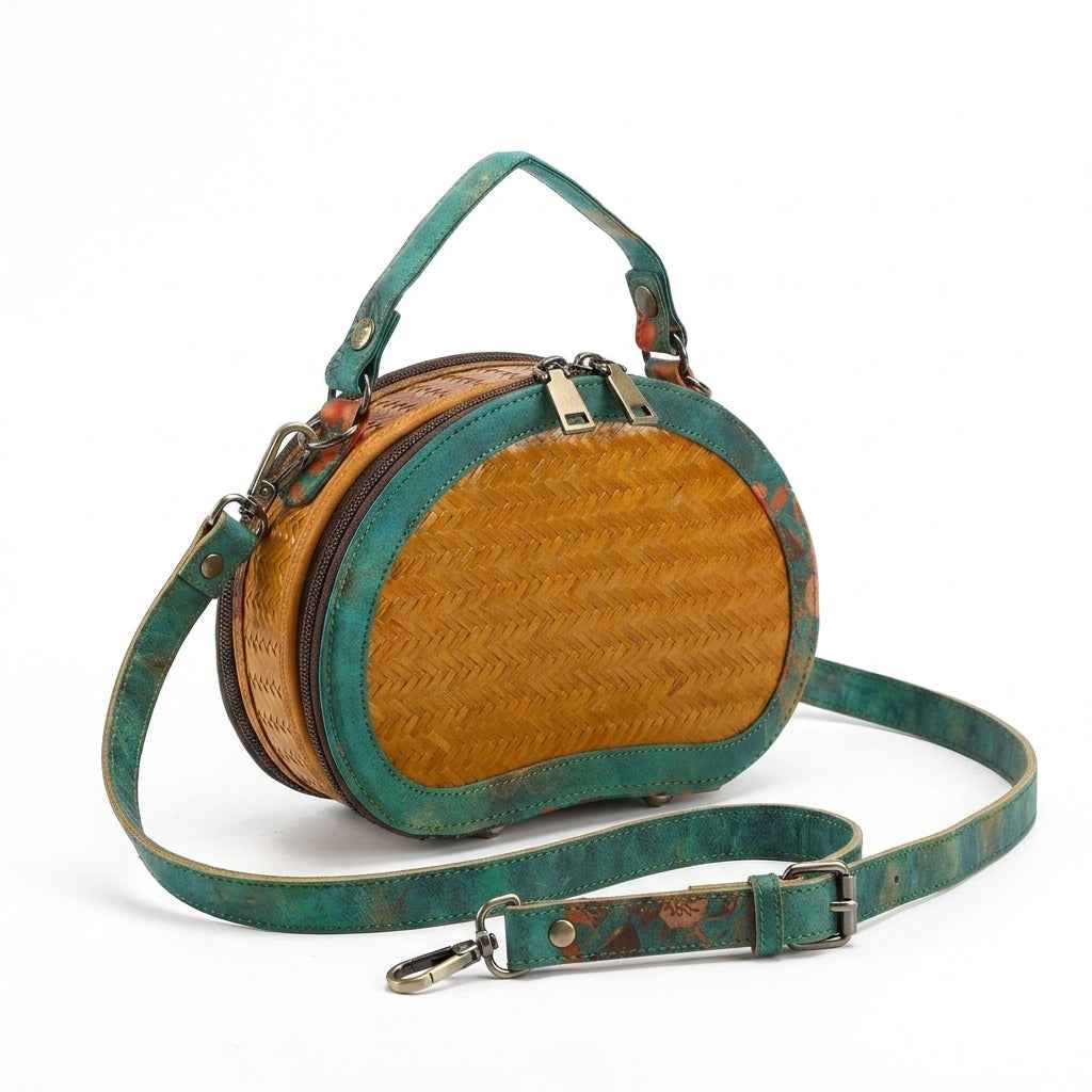 Vintage Half-Moon Bamboo Woven Crossbody Bag